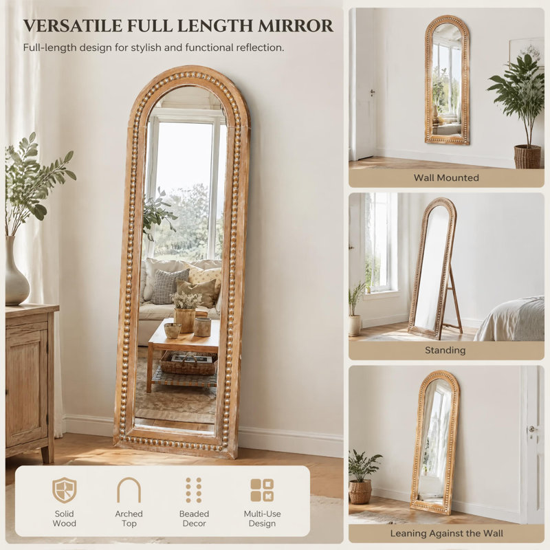 Arched Solid Wood Full Length Mirror for Bead Frame Wall Mirror, 64" x 22", Arch