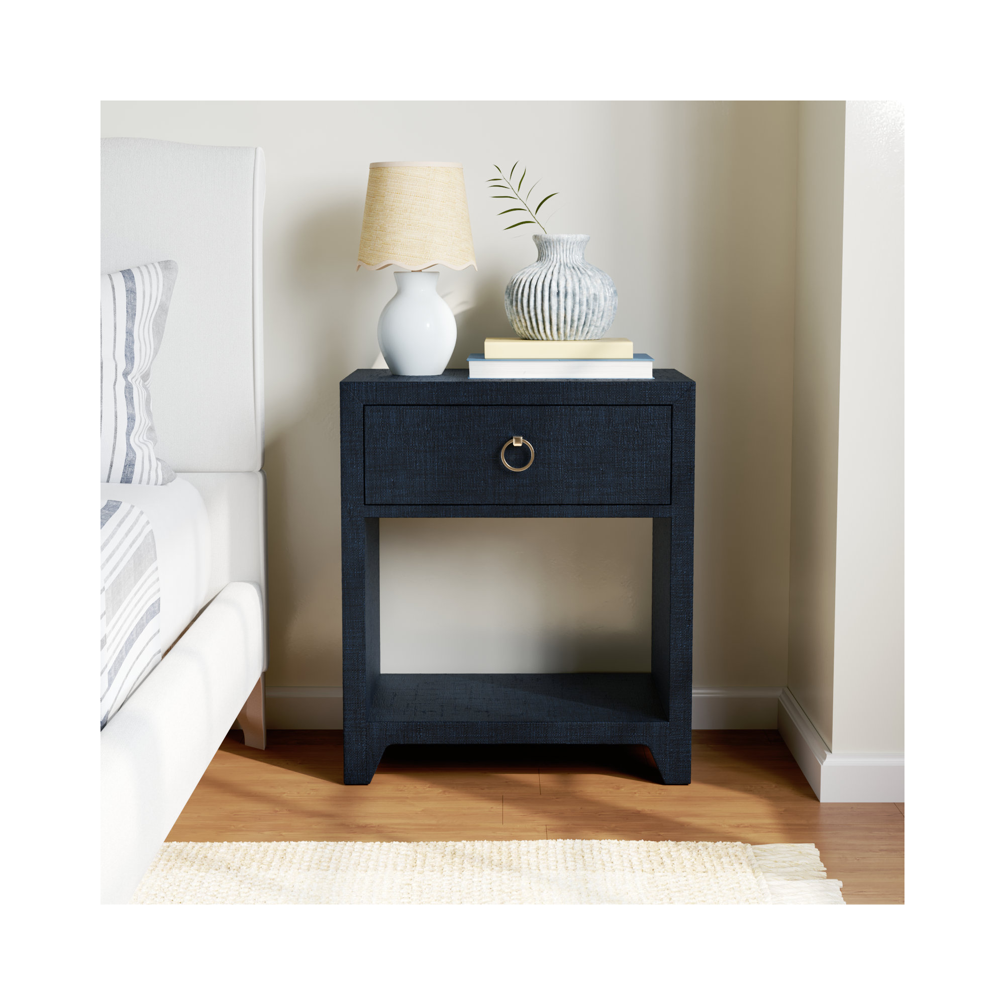 Cleo Raffia 1 - Drawer Nightstand, Navy Blue