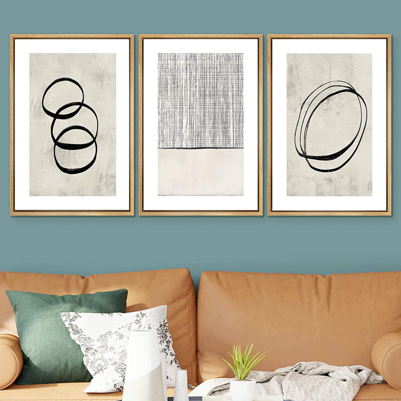 " Neutral Geometric Ring Grid Landscape Abstract Wall Art " 3 - Pieces, 24" H x 48" W, Natural