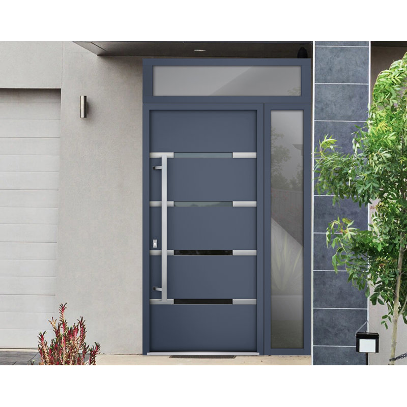 Porte avant en acier pré-suspendue à l'avant / deux graphite gris 1105 / fenêtre extérieure latérale et supérieure / inserts en acier inoxydable peints simples modernes - l 36 po x H 80 po + 16 po - Pivot à droite