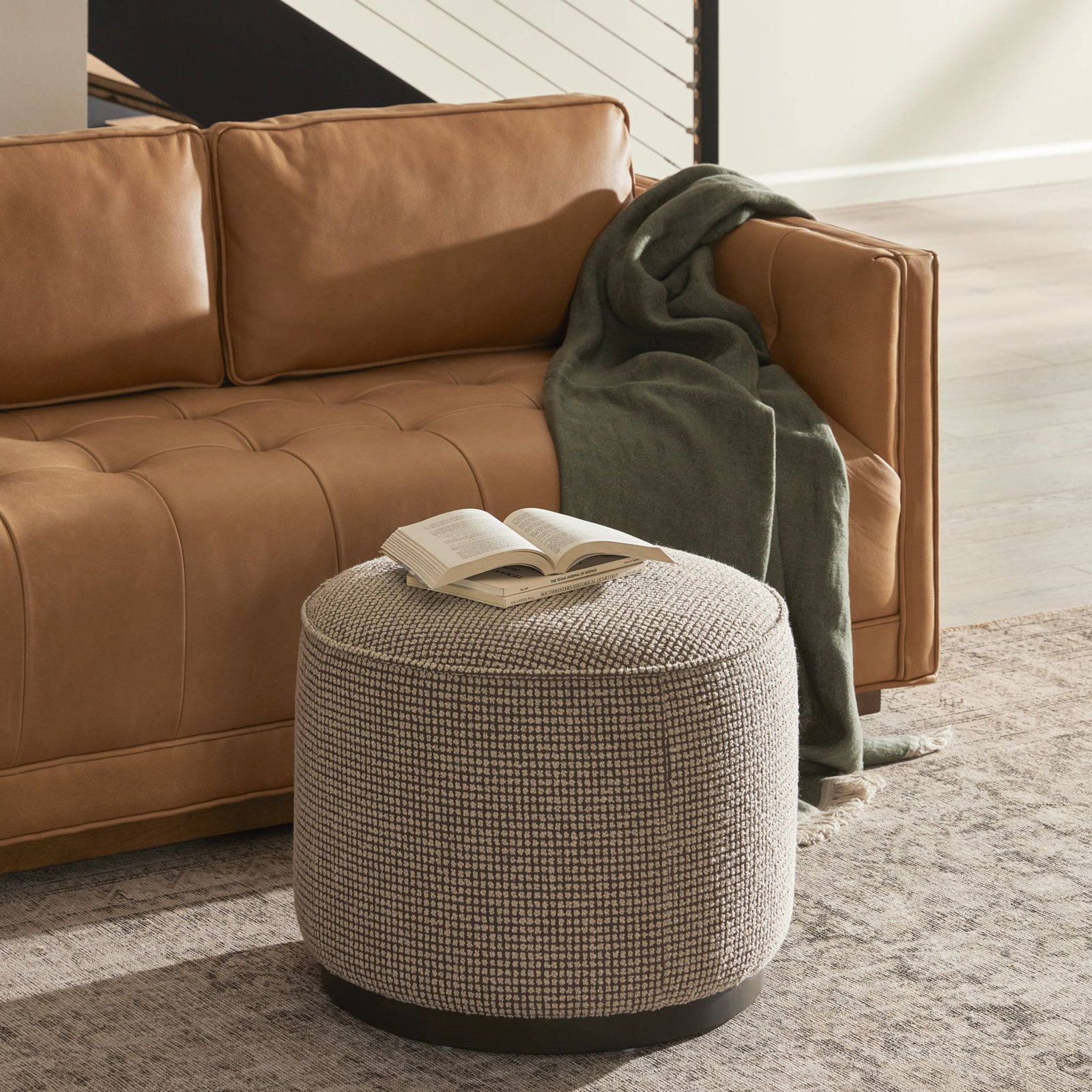 Acker 22" Wide Round Standard Ottoman, Barrow Taupe Polyester Blend