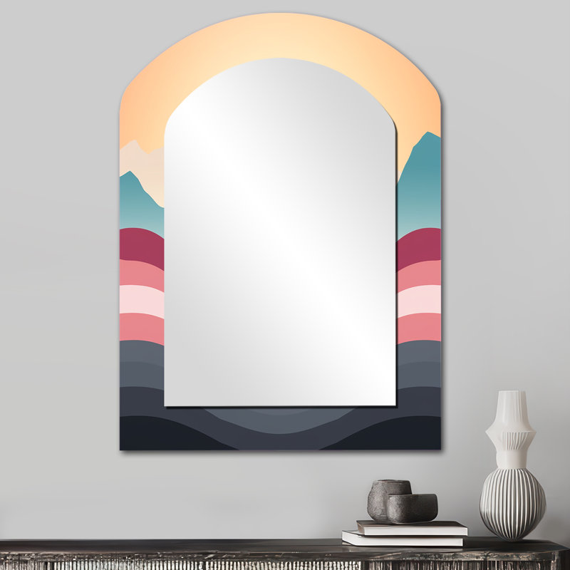 Bold Graphic Sunset In Teal and pink I - Geometric Asymmetrical Decorative Mirror, Pink Arch Wall Mirror, Printed Metal Art