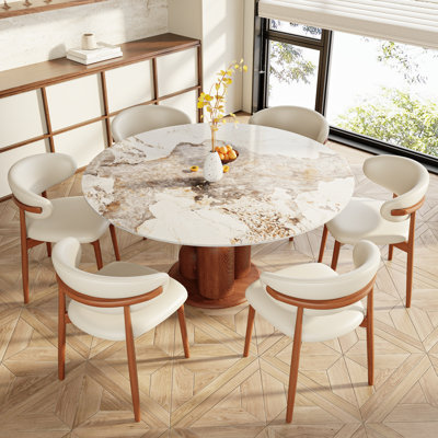 Amberly 5/7-Piece Round Dining Table Set - Unique Bottle-Shaped Solid Wood Pedestal