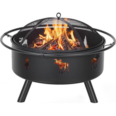 32" Round Wood Burning Outdoor Fire Pit with Mesh Spark Screen, Poker, 3-Leg Base, Woodland Cutout Bowl for Patio Deck Backyard