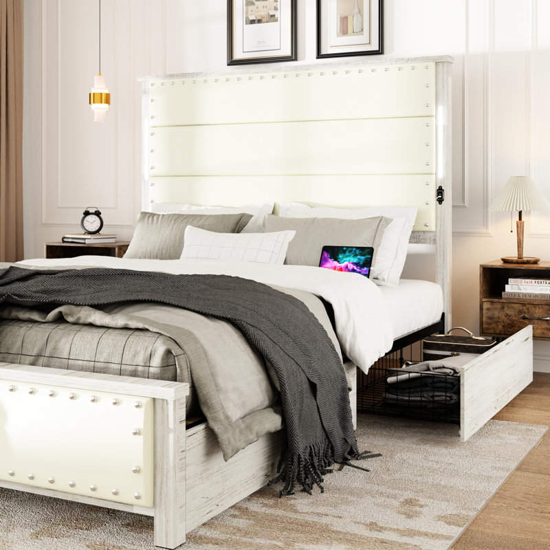 Lit moderne grand avec tête de lit tapissier, 4 tiroirs, station de charge et DEL, similicuir beige, fonction en cuir avec cadre en bois, lumières colorées, pas de sommier tapissier