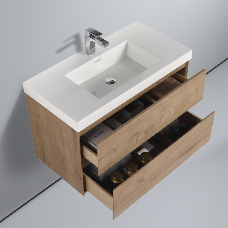 Meuble-lavabo flottant 36 po avec lavabo mural Annedoris, Chêne classique