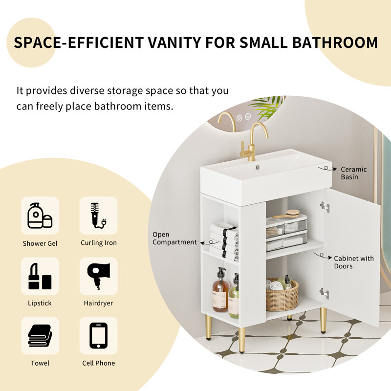 Freestanding Bathroom Vanity with Ceramic Sink and Storage, White