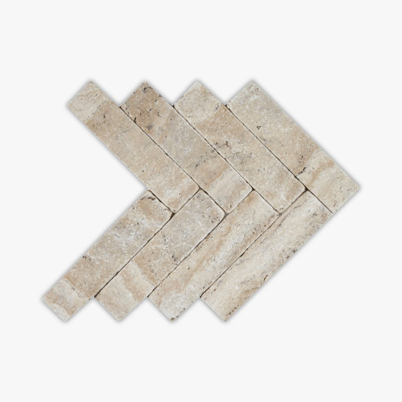 Philadephia Tumbled 2x8 Herringbone Travertine Mosaic, Beige