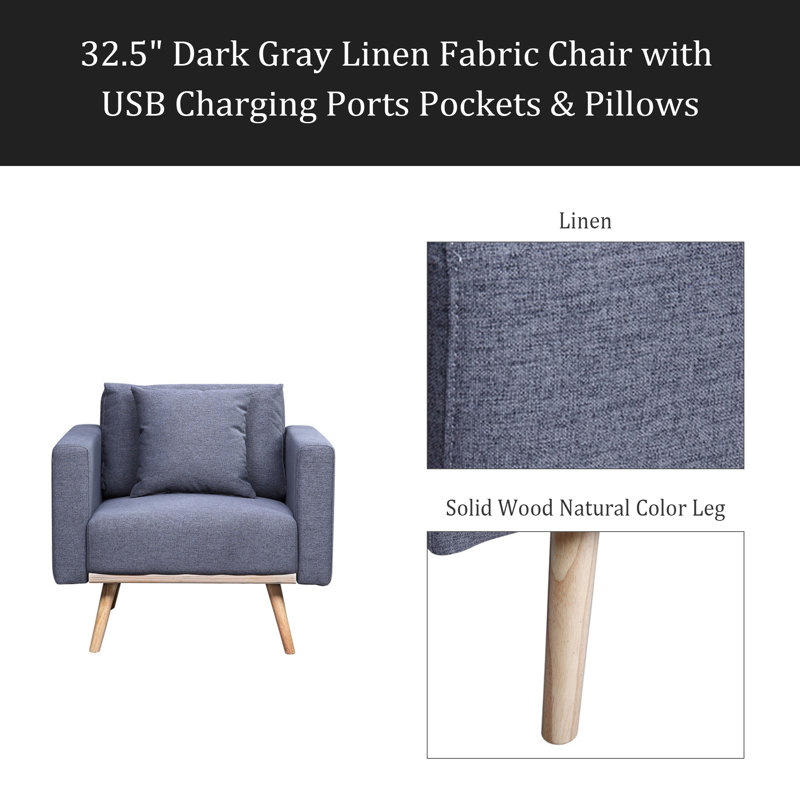 Chaise 32,5 po en tissu de lin foncé avec ports de chargement USB, poches et coussins
