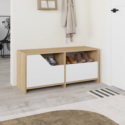 Armoire à chaussures moderne avec charnières à fermeture douce, finition chêne et blanc, 41,3 po x 18,5 po x 14,6 po | 100% panneau de particules enduit de mélamine, épaisseur de 1,8 pouce | Capacité de poids de 176 lb, fixation murale en forme de L, conception scandinave