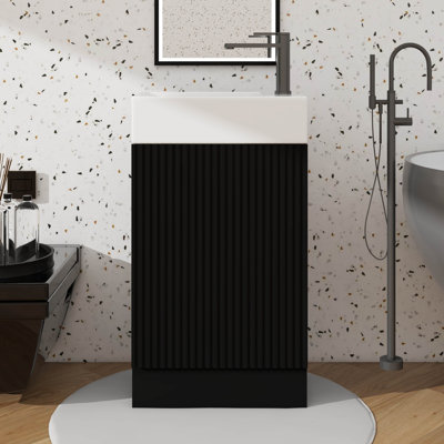 18.6-Inch Compact Bathroom Vanity With Sink, Cabinet With Double-Level Shelf, Toilet Paper Holder & Noiseless Soft-Close Door, Left/Right Choice
