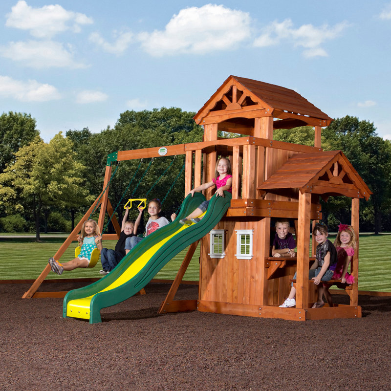 Backyard Discovery Tanglewood Cedar Wood Swing Set with Wave Slide, Clubhouse, Playhouse, and Covered Snack Bar