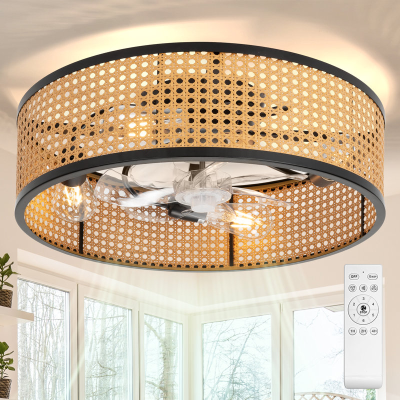Ventilateur de plafond encastré en rotin avec lumière et télécommande Boho Style, Naturel/noir
