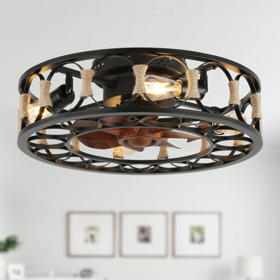 20'' Flush Mount Caged Ceiling Fan With Remote Control, Farmhouse Rustic Low Profile Ceiling Fans, 4-Light Vintage Enclosed Lighting Fixture -  Breakwater Bay, C47E4D64D3A04002A3CD999E5621B2C4