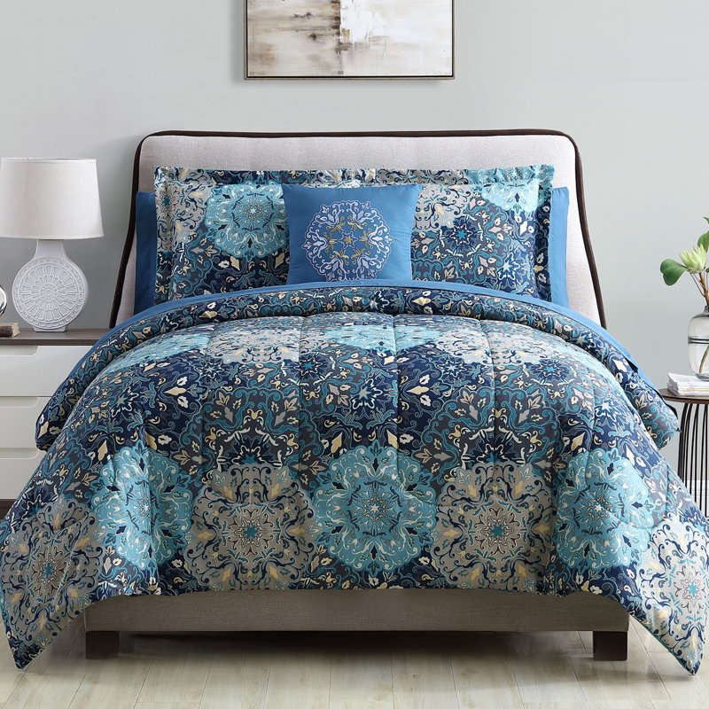 Modern Threads - Granada Collection Comforter Set - Reversible Microfiber - Elegant Printed 8-Piece Bed Set - Includes Comforter, Sheets, Shams, & Pillow - Luxurious Bedding