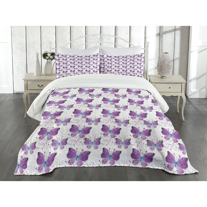 Queen White and Purple Butterfly Bedspread Set