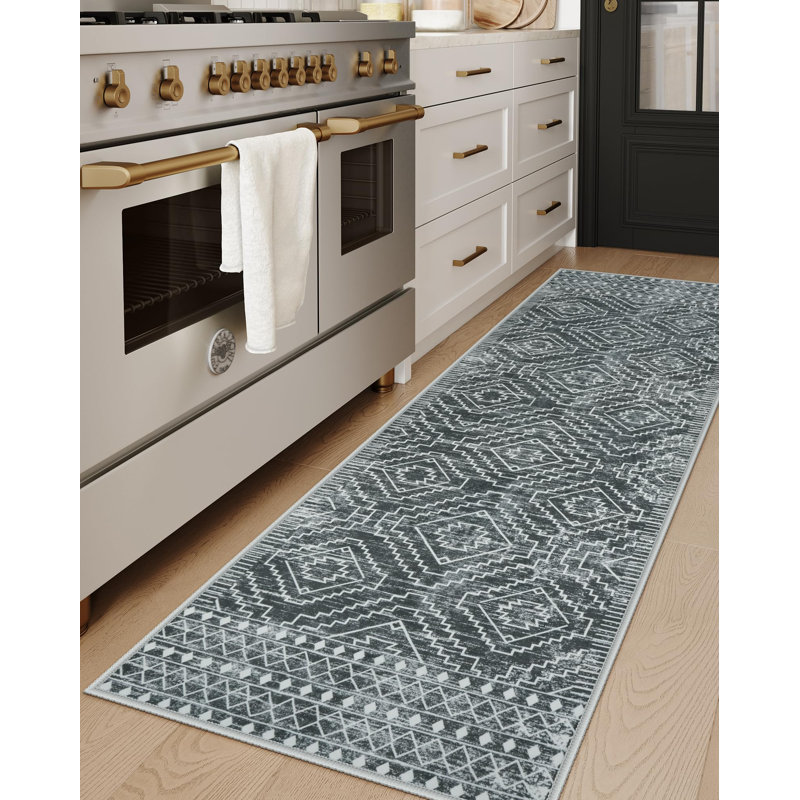 Tribal Geometric Washable Area Rug for Living Room & Bedroom, Non-Slip Moroccan Rug, Runner 2' x 6'