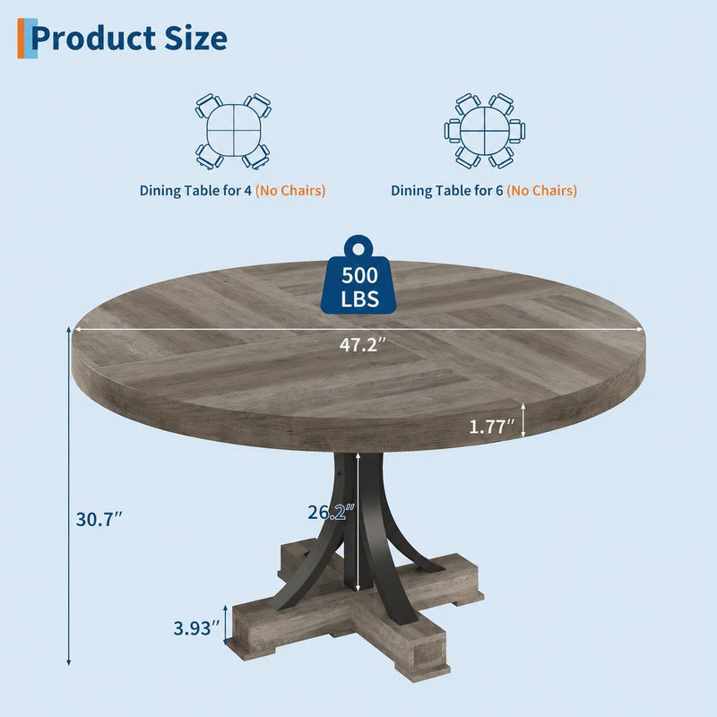 Table de salle à manger ronde de style campagnard de 119 cm (47 po) pour 4 à 6 personnes, avec dessus en bois épais, pieds en métal et base centrale élargie pour la cuisine