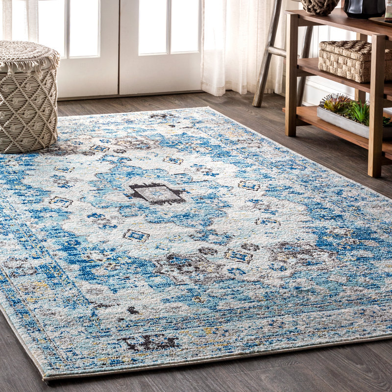 Latshaw Modern Persian Boho Vintage Medallion Cream/Blue Rug, Rectangle 7'9" x 10'