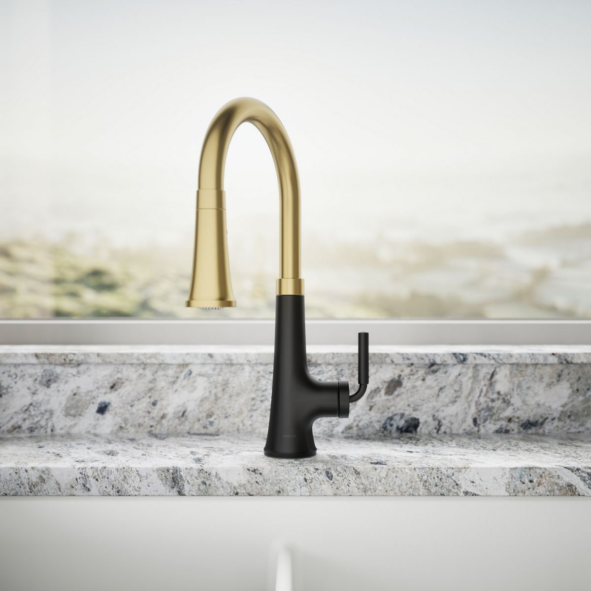 Tone Pull-Down Kitchen Faucet, Matte Black/Moderne Brass