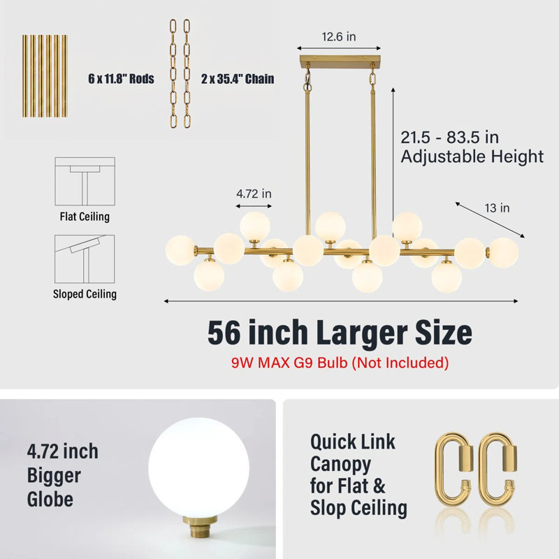 56" W 16 - Light Dimmable Bubble Glass Sputnik Modern Linear Chandelier, Gold
