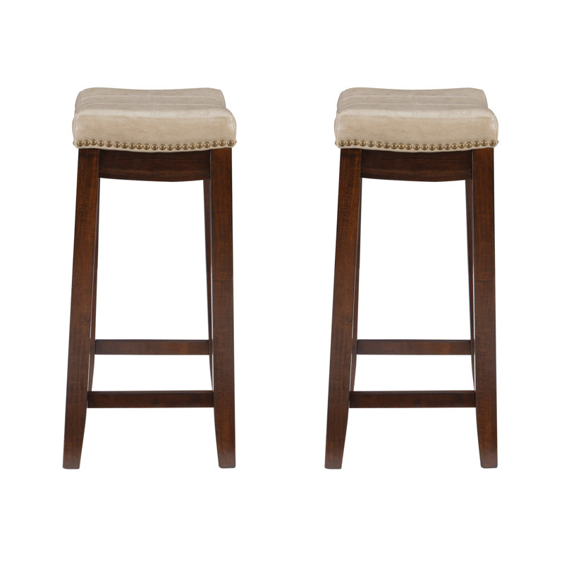 Tabouret de comptoir en bois massif de 26,5 po avec siège rembourré en cuir végétalien Arlyce, Beige