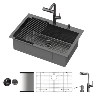 Évier de cuisine encastré à simple cuve en acier inoxydable de calibre 16 de L 30 po x l 22 po x P 10 po avec accessoires et robinet