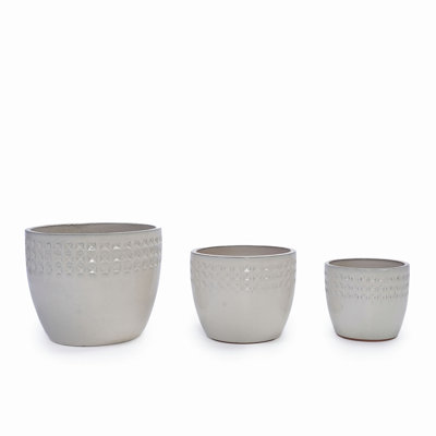 Handmade Ceramic Flower Pot Set of 3, 15/12/9 Inch Diameter, White Diamond Pattern, for Succulents Indoor/Outdoor Use on Windowsill & Bookshelf, Breathable Clay