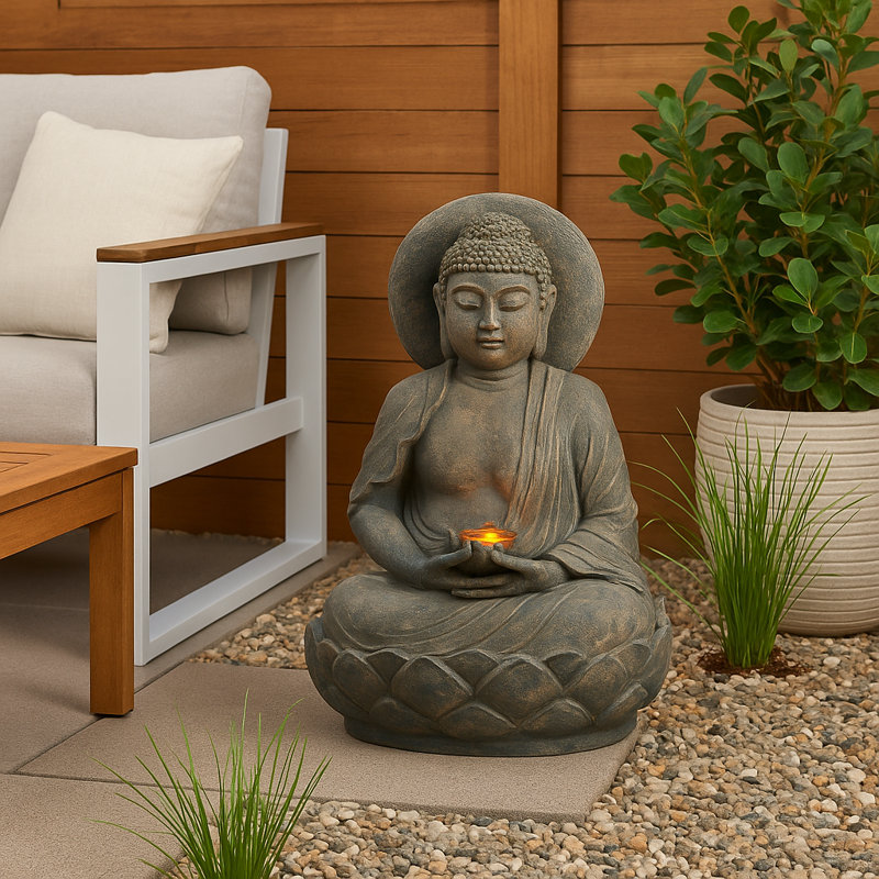 Bruster 28" Outdoor Buddha Water Fountain with LED Lotus Flower and Adjustable Pump – Zen Garden Decor Feature