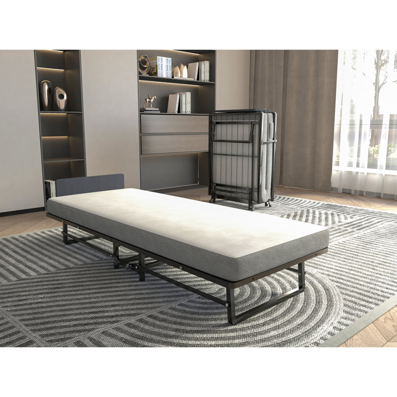 Lit pliant en métal avec matelas en mousse, convient à différentes pièces, cadre à installation rapide, lit simple, 4 roulettes et matelas doux pour un sommeil réparateur