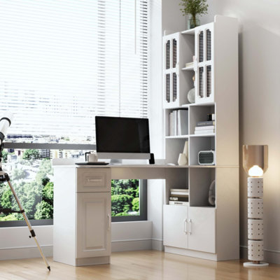 Bureau d'ordinateur d'angle en L pour bureau à domicile ou bureau d'étude, table d'étude de style moderne avec tiroirs, rehausse de bibliothèque, conception en L 2 en 1, grand espace de travail