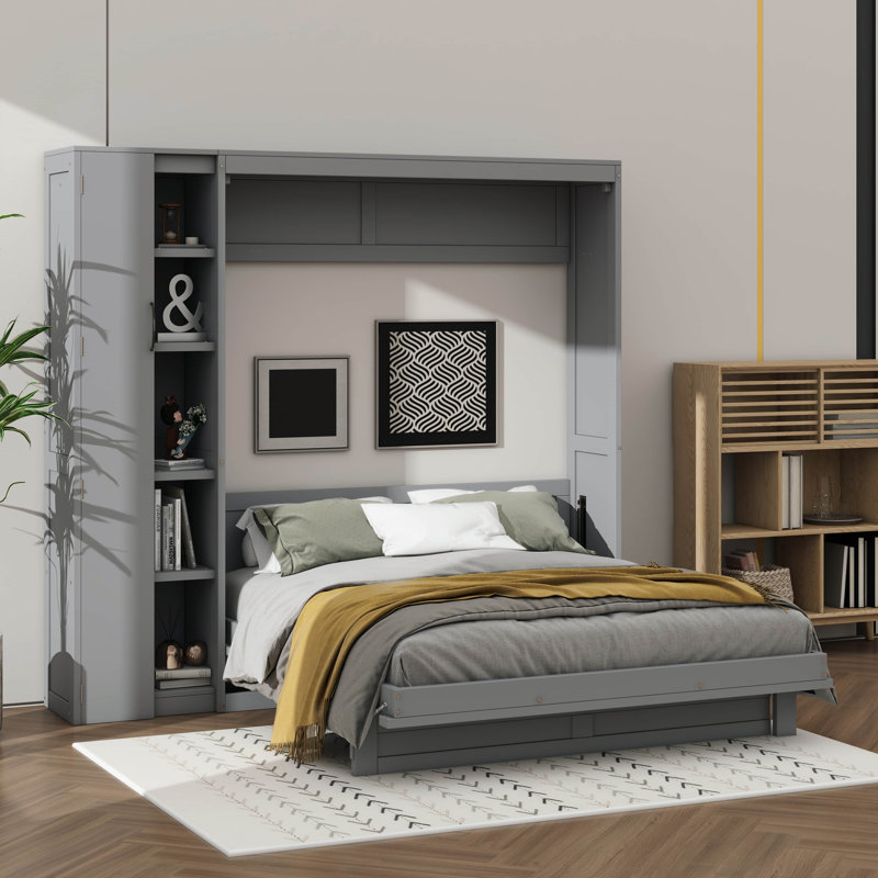 Lit escamotable double pleine grandeur avec tablettes, garde-robe et éclairage DEL, Double, gris