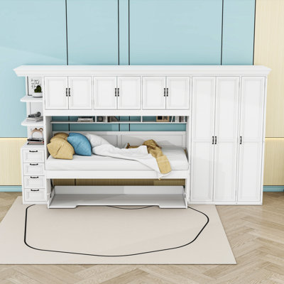 Lit escamotable simple avec garde-robe, armoire et bureau