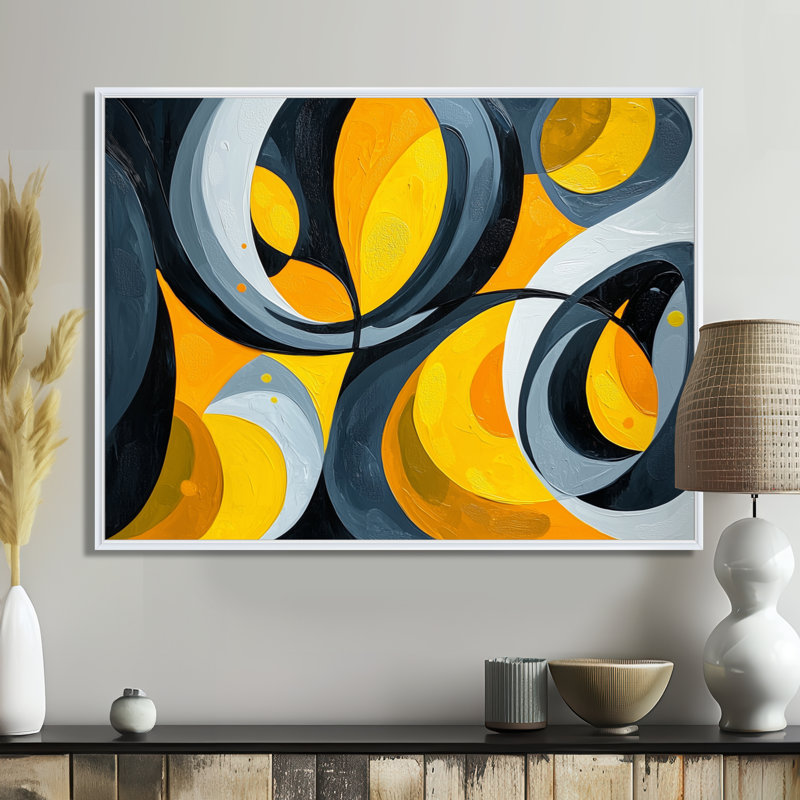 Jaune et gris Urban Jazz Note I - Art abstrait de natures mortes abstraites pour le salon, H 24 po x l 32 po, Cadre flottant