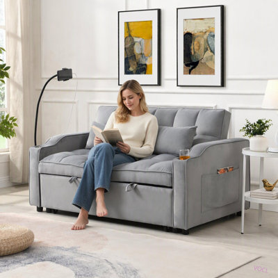 Modern Velvet Loveseat Futon Sofa Couch w/Pullout Bed, Small Love Seat Lounge Sofa with adjustable Reclining Backrest, Toss Pillows, Pockets, Furniture for Living Room, 3 in 1 Convertible Sleeper Sofa Bed