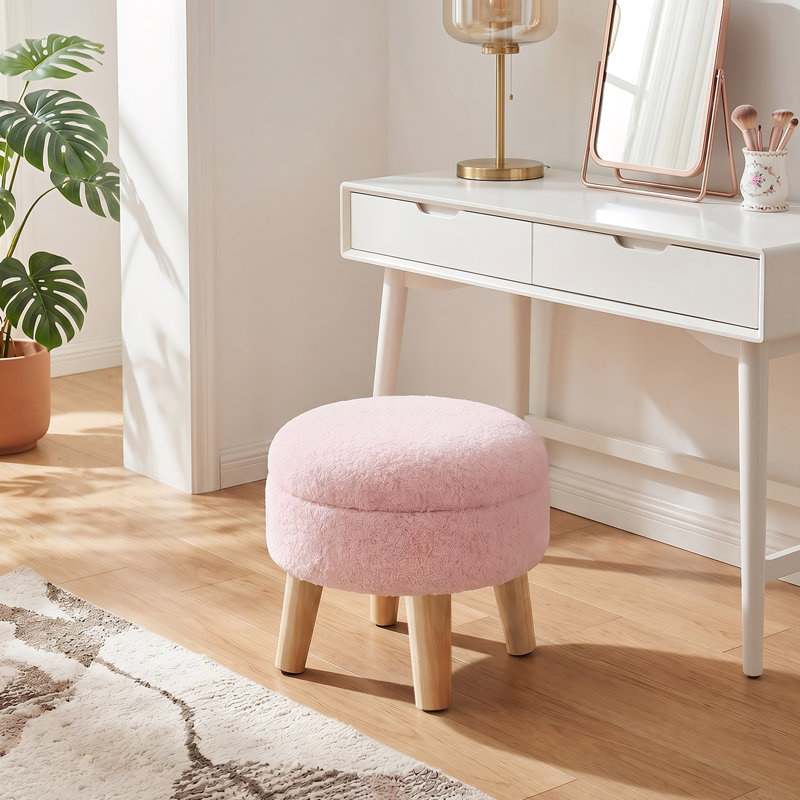 Modern Round Footrest with Soft Padded Seat, Teddy Velvet Footstool with Wood Legs, Pink