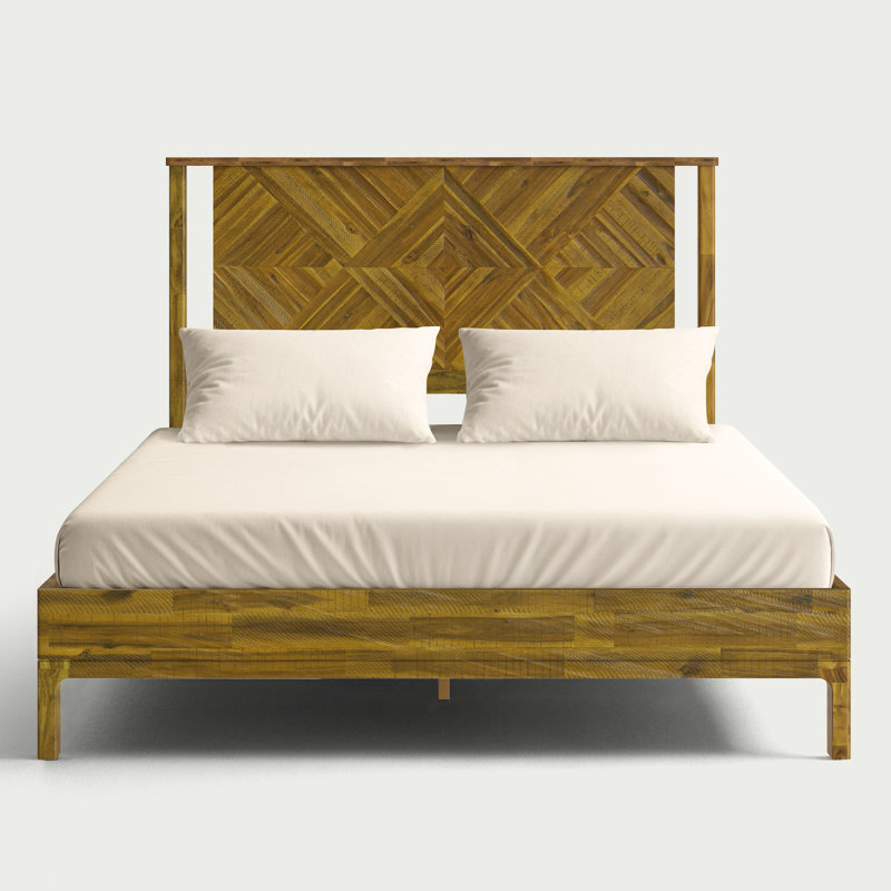 Ethan Solid Wood Platform Bed with Headboard, Rustic Bed Frame, Rustic Brown, Queen