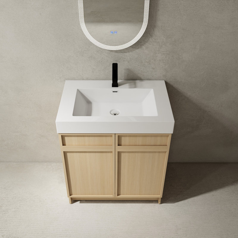 Armoire de salle de bain autoportante avec lavabo. 2 portes à fermeture en douceur et intérieur spacieux. Meuble-lavabo moderne. Meuble-lavabo en contreplaqué 30 po. Portes de lavabo en résine. Style contemporain. Grande capacité de rangement.