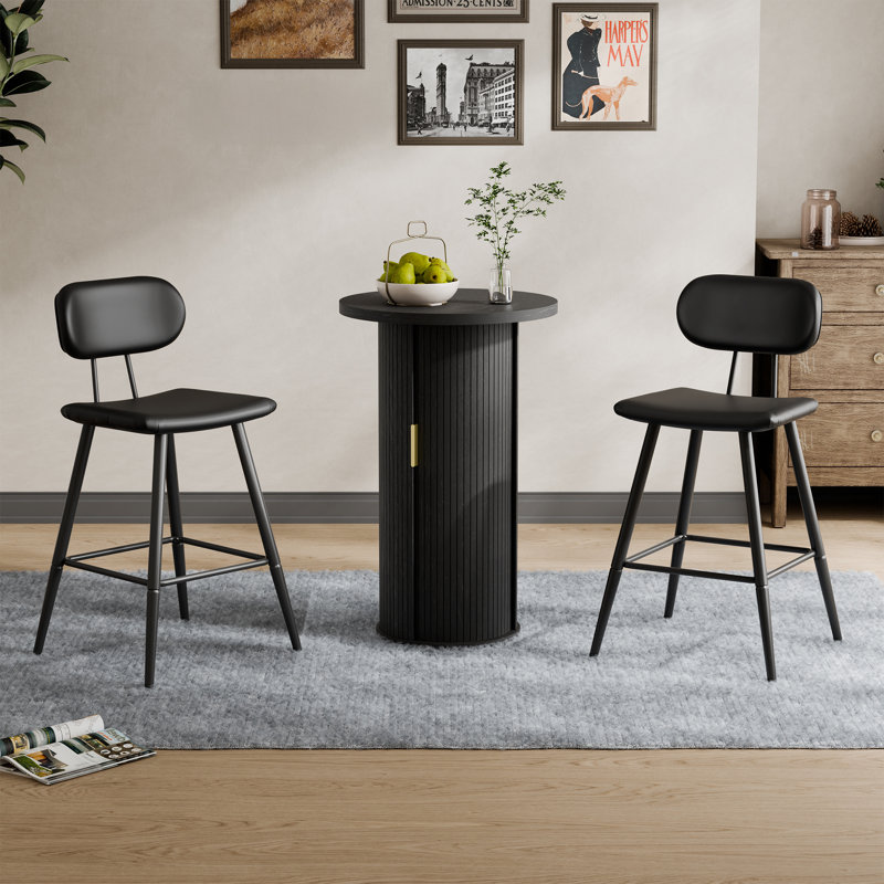 3-Piece Tambour Round Bar Table & Stools Set with Storage, Black