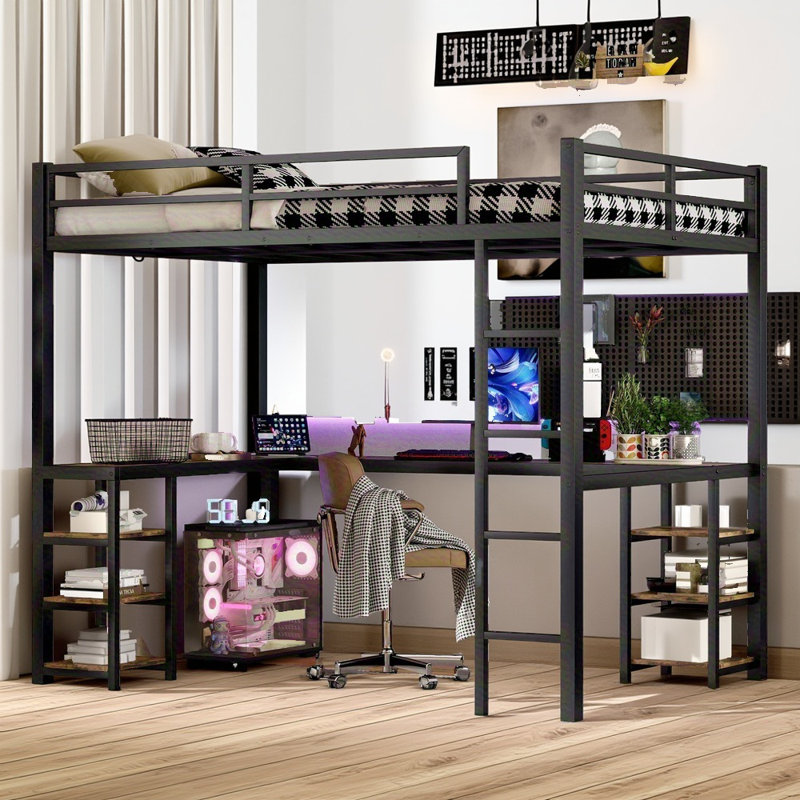 Full Xl Metal Loft Bed With Built-in Desk And Bookshelves, Black Space-saving Loft Bed Frame With Ladder & Guardrails For Teen & Adult Bedrooms