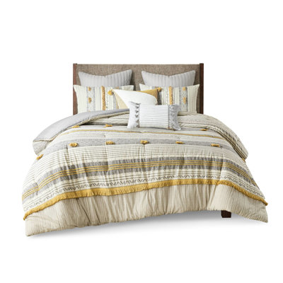 Full Cotton Comforter Gray/Yellow, 100% Shell With Stripe, No Bar Tacks, Filling, Includes 2 Shams, In Stripe Print And Trim, Enchanting Bedding