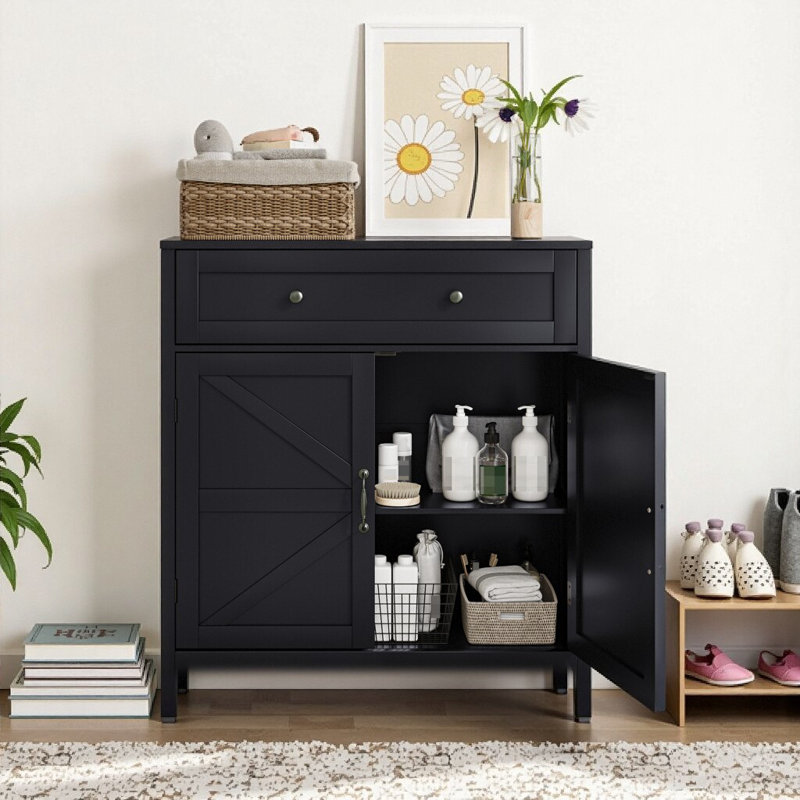 30" Farmhouse Black Kitchen Sideboard Buffet Cabinet with Barn Doors, Drawer & Adjustable Shelf, Black