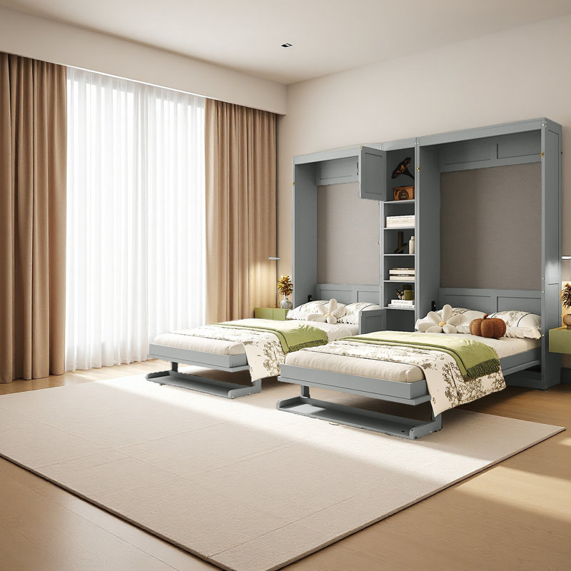 Lits simples escamotables doubles avec armoires et tablettes, Gris