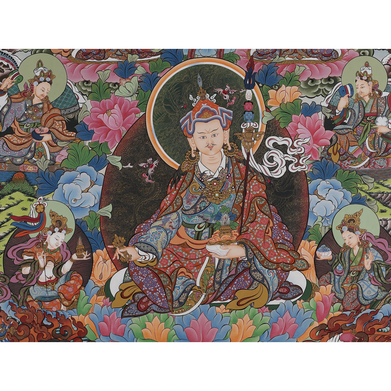 «Gourou Padmasambhava - maître né au lotus» peint à la main Thangka | Toile de coton 35,8 po x 24,8 po, feuilles d'or 24 carats