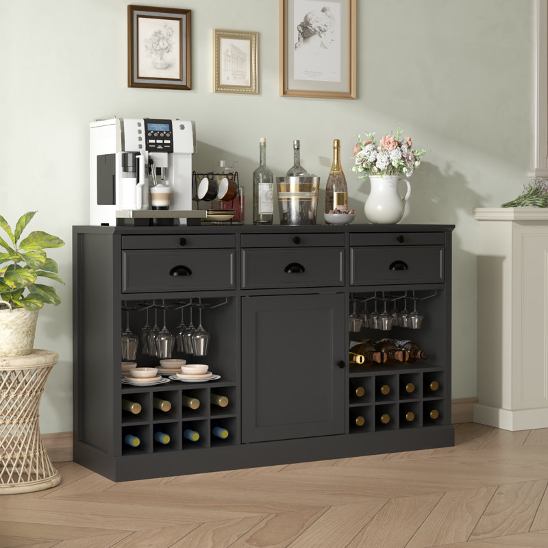 Wine Bar Cabinet With Pull-Out Trays, Coffee Bar Cabinet With Door & Adjustable Shelf, Black