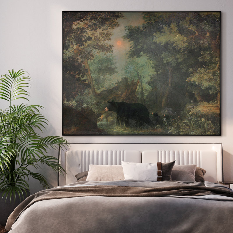 Très grand art mural imprimé sur toile - Scène de forêt avec un ours noir, faune sauvage pour un chalet ou une auberge, décoration pour le salon ou la chambre à coucher