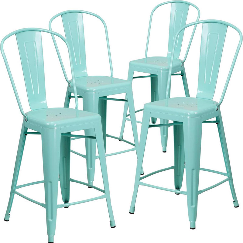 Commercial Grade Distressed Metal Indoor-Outdoor Counter Height Stool with Back, Counter Stool (24" Seat Height), Mint Green