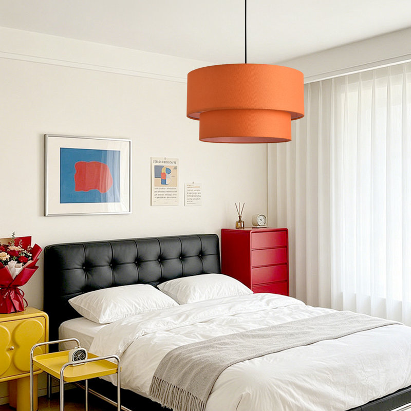 Luminaire suspendu en tissu orange à 2 niveaux Mid-Century