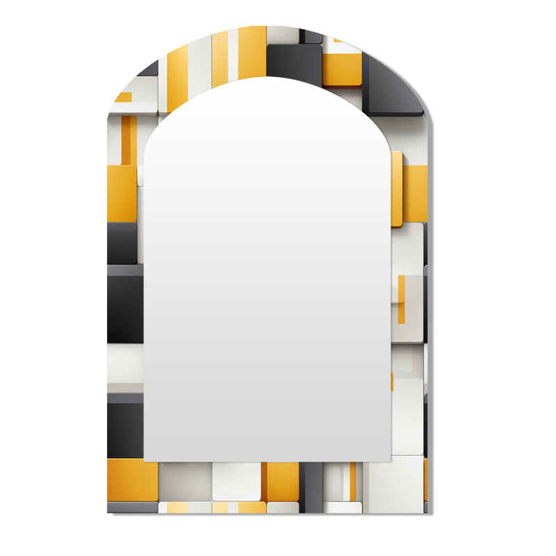 Yellow And Grey Geometric Blocks Harmony II - Geometric Asymmetrical Large Wall Mirror, Modern Arch Unique Mirror, Printed Metal Art