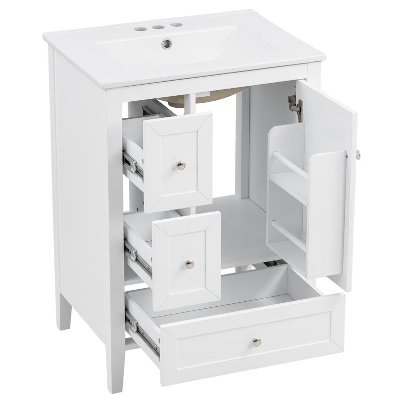 Meuble-lavabo moderne de 24 po avec comptoir en céramique, pieds en bois massif avec 3 tiroirs à fermeture en douceur et support de porte, bleu gris / blanc